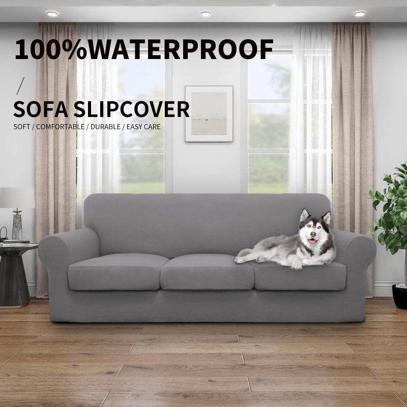 Easy-Going 100% Dual Waterproof 4 Pieces Oversized Cover Stretch Soft Couch Cover for Dogs, Sofa Slipcover for 3 Separate Cushion Couch Leakproof Furniture Protector for Kids, Pets Light Gray - Image 2